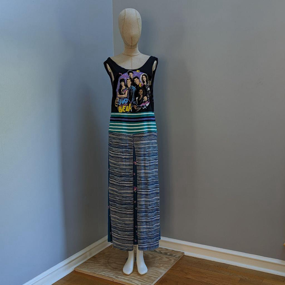 Saved By The Bell Joy Ed, Ltd. Handmade Black and Blue Striped Maxi Dress Size M